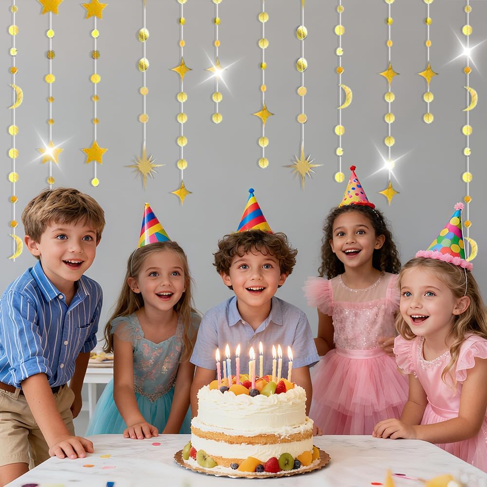 92FT Gold Moon Star Garland, Sparkly Crescent Moon & Star Hanging Decor for Ramadan Eid Mubarak, Birthday Party Supplies, Wedding Baby Shower