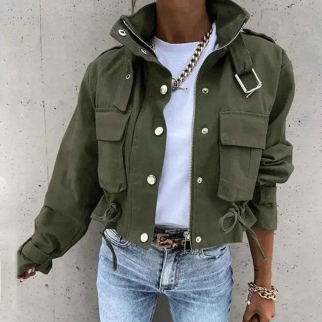 Women's Short Windbreaker Jacket Printed Workwear Long Sleeve Drawstring Coat