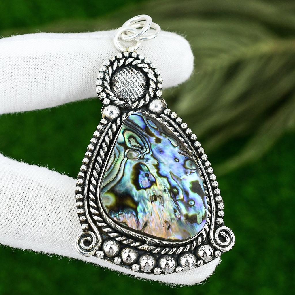 925 Sterling Silver Trillion Abalone Shell Stone Bezel Anniversary Boho Pendant