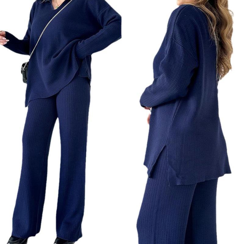 2023 Herbst Europäisches & Amerikanisches Einfarbiges Lockeres Saumschlitz Strickwaren Zweiteiliges Set für Damen