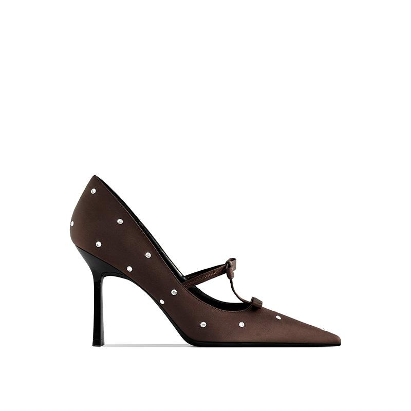 Luxury Sandals Women Designers Dot Rhinestone Bow Sexy Black High Heels Small Square Head Beautiful Light Mouth Backempty Shoes