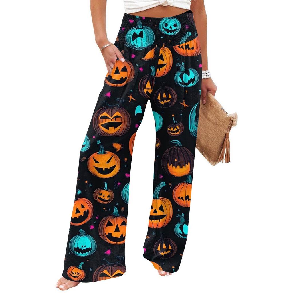 Dámské ležérní kalhoty s rovnými nohavicemi s potiskem a vysokým pasem s kapsami