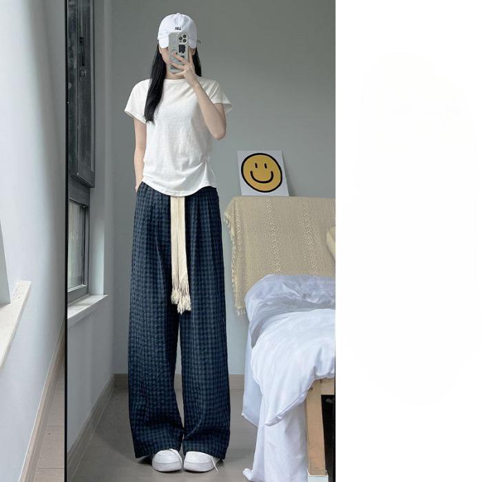 

Летние тонкие свободные широкие брюки из хлопка и льна с высокой талией для женщин, клетчатые брюки в корейском стиле для студентов, облегающие и универсальные повседневные брюки 2XL