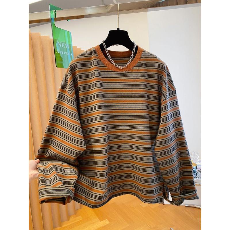 Retro Hoodless Striped Sweatshirt Women's Long-sleeved New Loose Pullover Round Neck Large Top Autumn