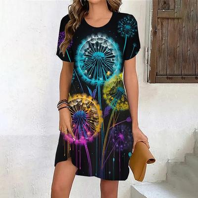 Rochie de vară la modă cu imprimeu 3D, lejeră, casual, cu mânecă scurtă, gât rotund, mini
