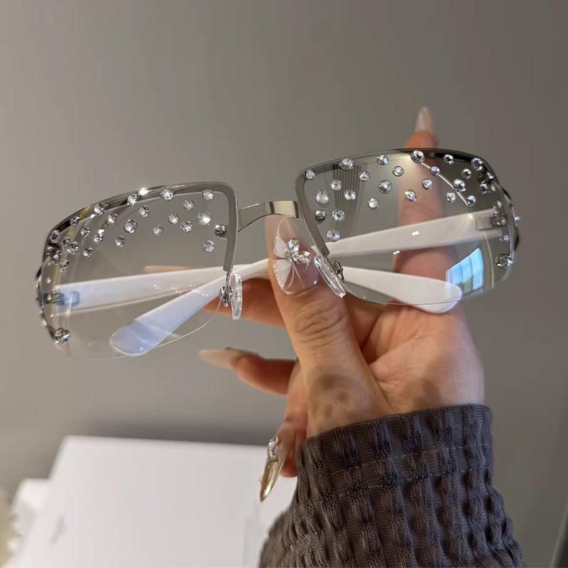 

American Sweet Cool Frameless Diamond Studded Sunglasses for Women Rhinestone Shining Sun Glasses Blue Light Blocking Glasses серебряный