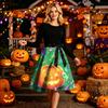 Womens Halloween Dress Long Sleeve Round Neck Casual Dress with Printed Pumpkin and Ghost Pattern Vintage Style Midi Dress with Waist Tie