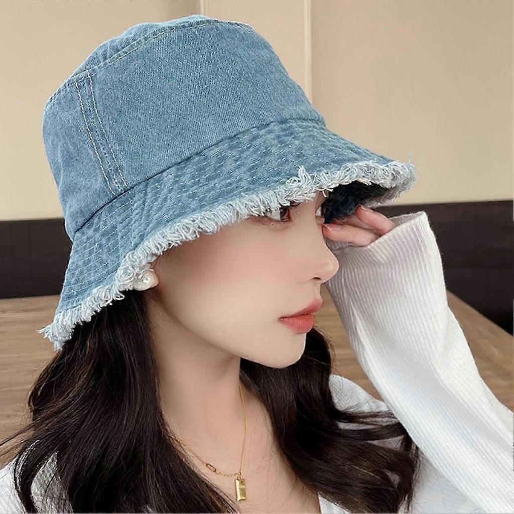 Women Bucket Hat Sun Protection Anti-UV Wide Brim Ripped Edge Flat Top Foldable Retro Windproof Breathable Outdoor Camping Fishing Sun Cap
