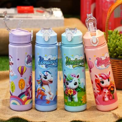 Einfarbige Pony-Wasserflasche 750ML mit Strohhalm Niedliche Cartoon-Wasserbecher für Kinder Camping Trinkflasche