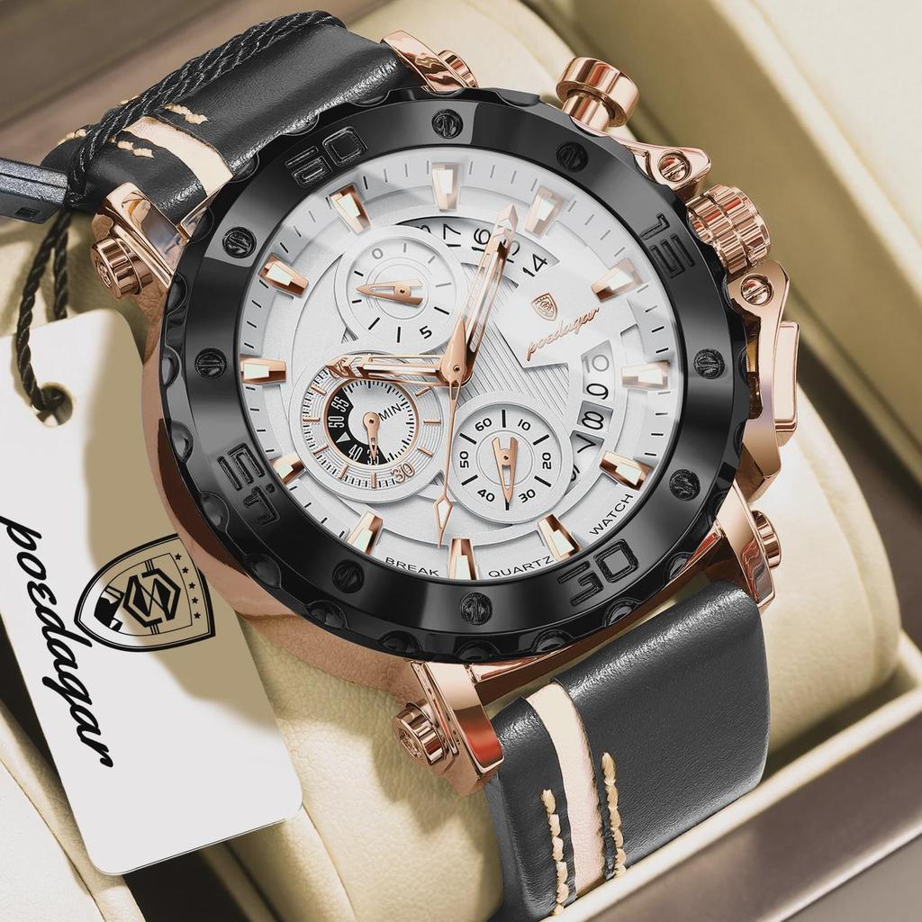 POEDAGAR Top Military Man Wristwatch Waterproof Luminous Date Fashion Chronograph Leather Sports Men's Quartz Watches