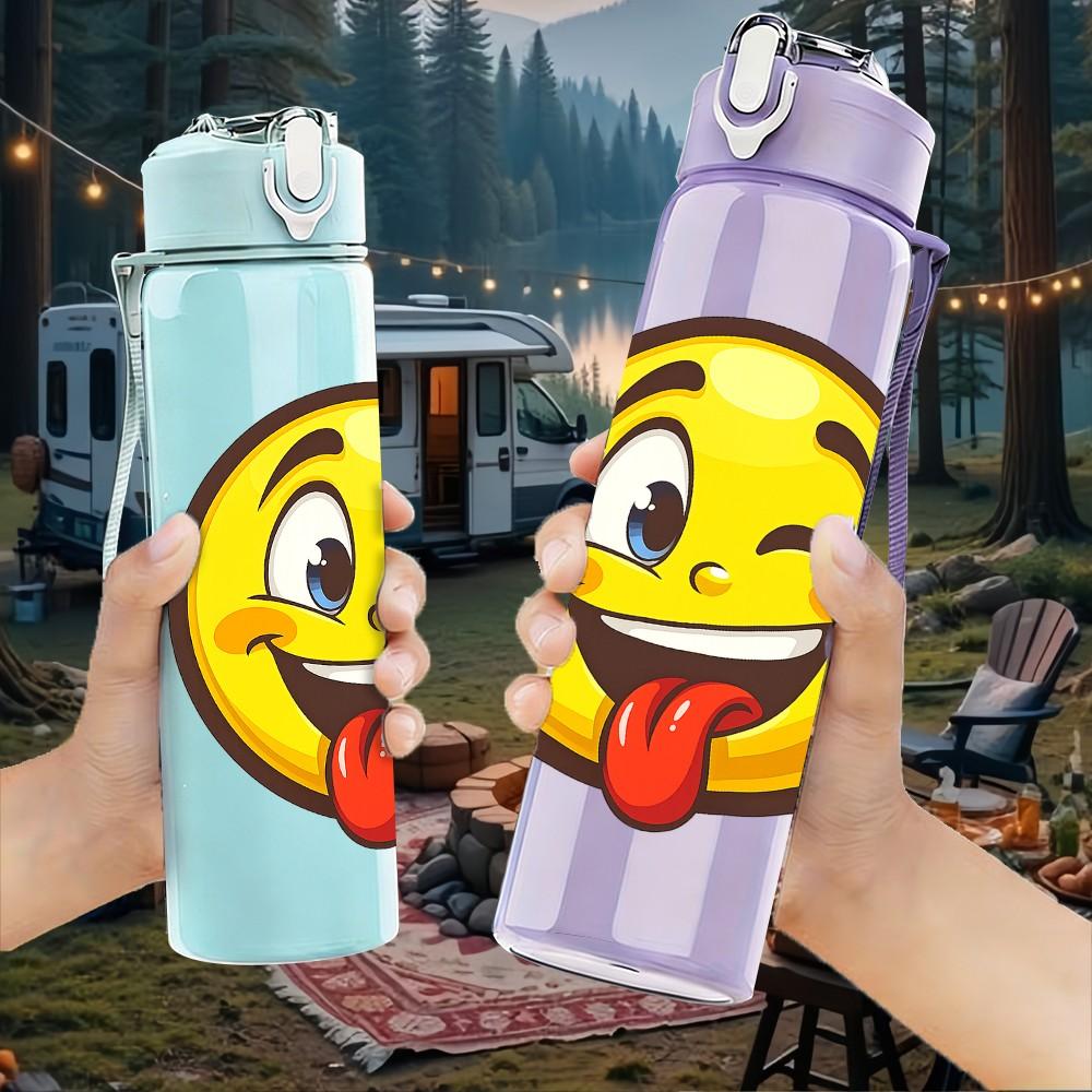 1PC Tongue Out Funny Yellow Emoji Print 750ml Color Plastic Sports Water Bottle Leakproof Flip Straw Lid Suitable for Sports Office Home Use