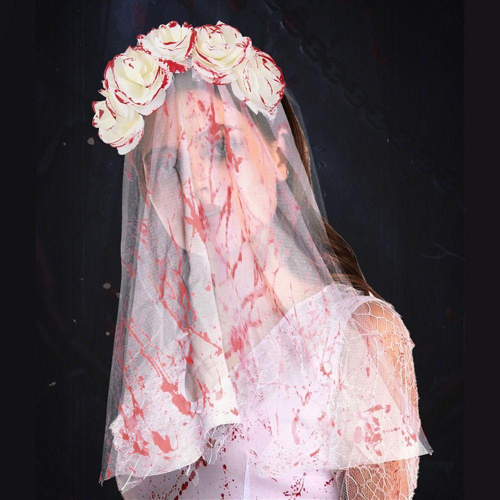 Blood Rose Flower Crown Ghost Cosplay Accessories Hair Hoop with Veil  for Women