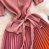 Pleated Diamond-Embellished Round-Neck Midi Dress for Women Summer Short Sleeve Lace-up Stunning Ombre Pleated Dress