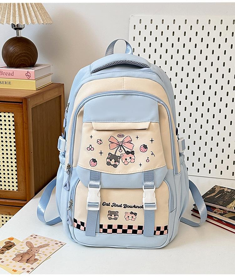 Schoolbag: Korean style cherry blossom peach pink with creamy strawberry kitten, academy style, multi-layered backpack for middle and high school