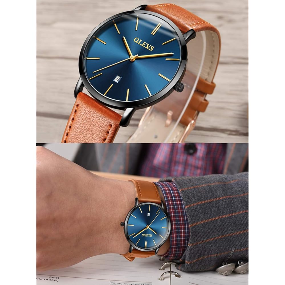 OLEVS Men's Minimalist Slim Fashion Analog Quartz Watch with Date Waterproof Large Dial Retro Leather Band