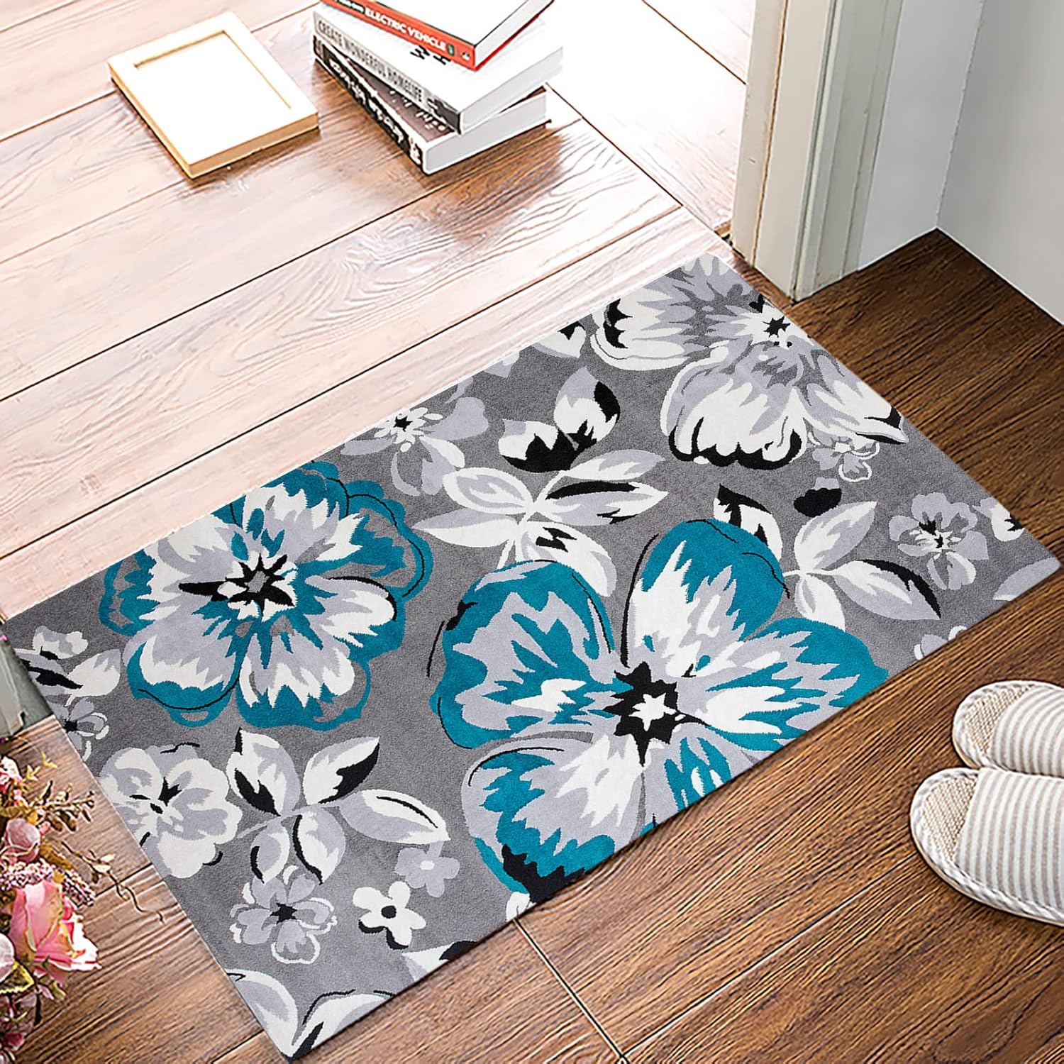 Teal Gray Flower Bath Mat Floral Texture Floor Rug Non Slip Absorbent Carpet for Bathroom Kitchen 16x24 Inch 40cm x 60cm
