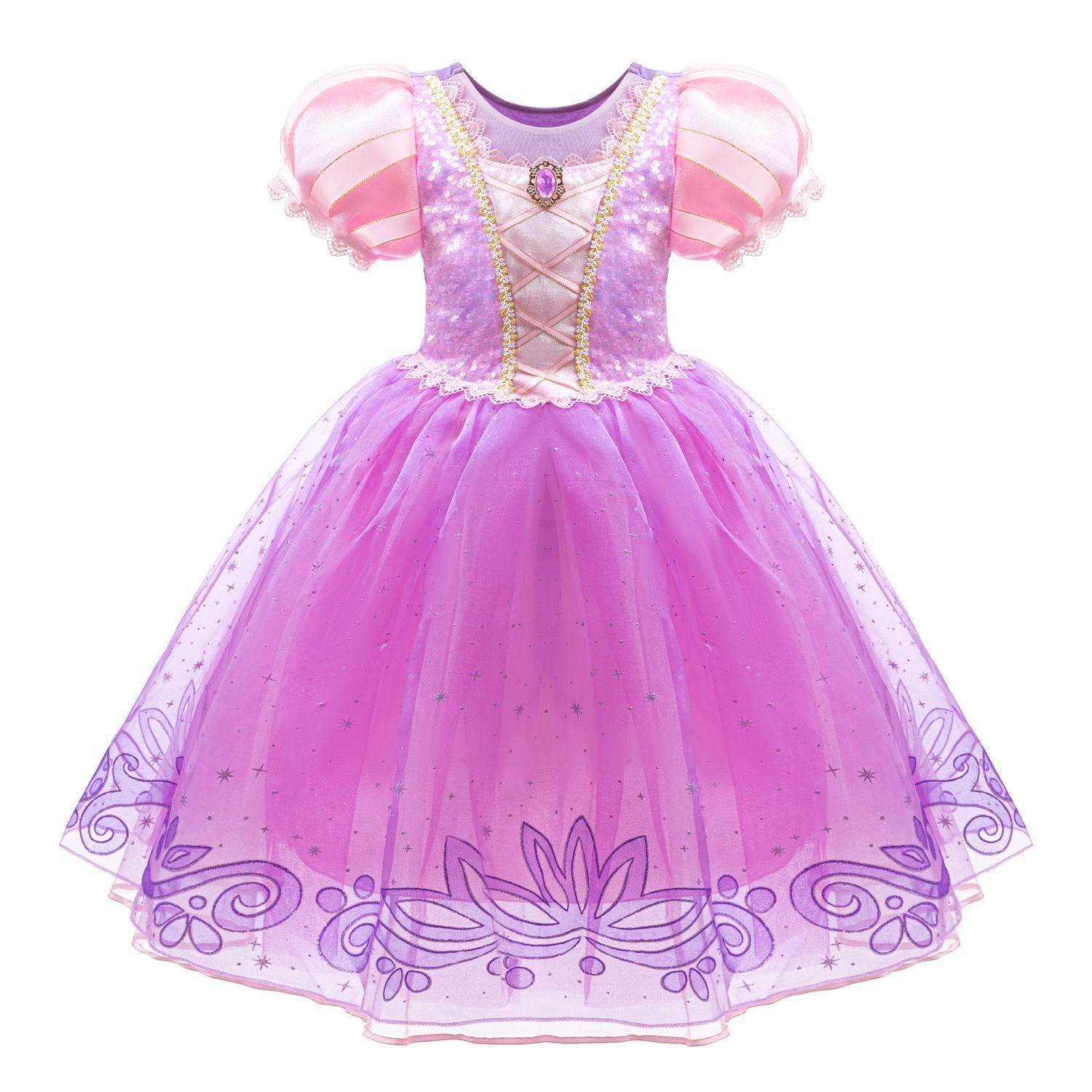 Girls Fashionable Princess Rapunzel Dress - Children s Puffed-Sleeve Sequin Tulle Gown COS Costume 110