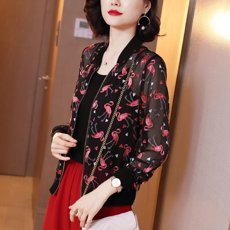Summer Women Chiffon Jacket Thin Breathable Baseball Uniforms Long Sleeve Printed Jacket Loose Short Plus Size Sunscreen