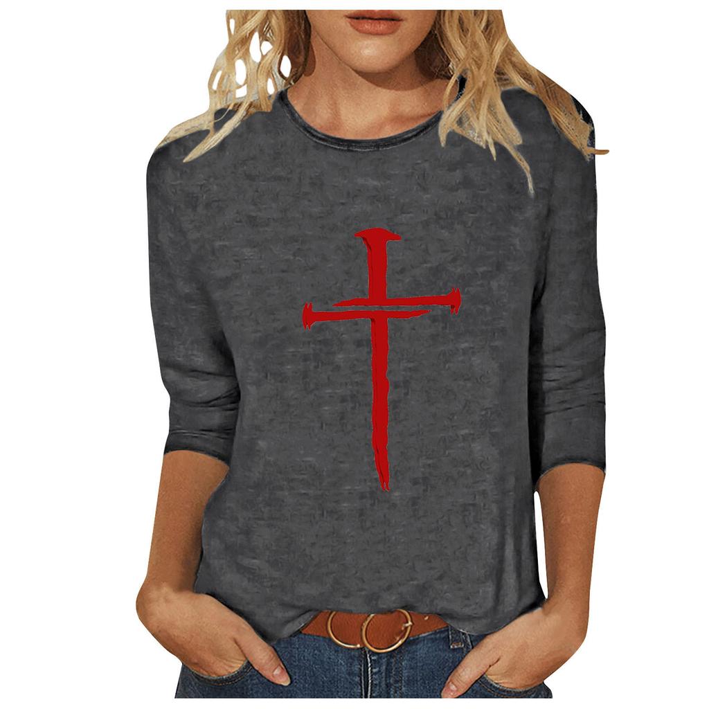 Round Neck 3D Cross Printed Top Fashionable Casual Long Sleeved Women's T-shirts