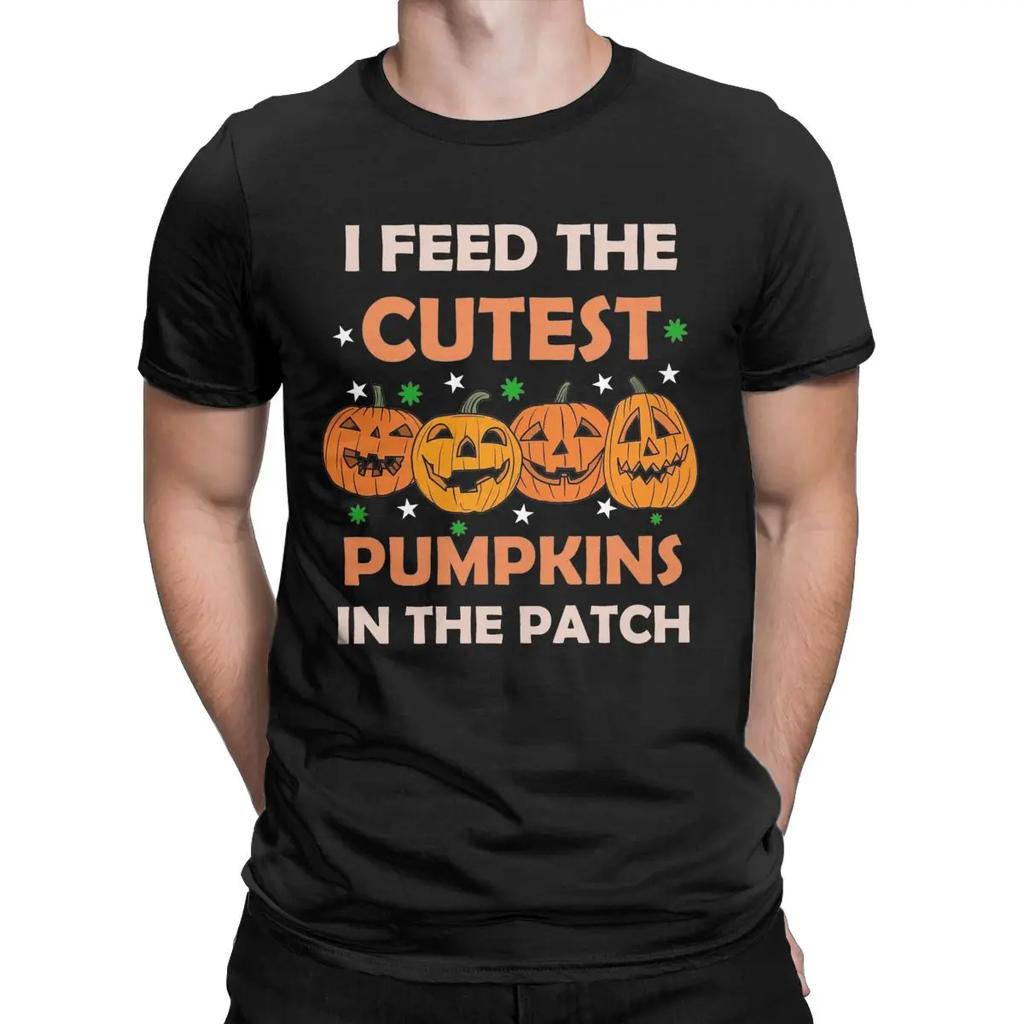 Men's T-Shirts I Feed Cute Pumpkins Novelty Cotton Tees Short Sleeve Halloween T Shirts Round Collar Clothes Printed