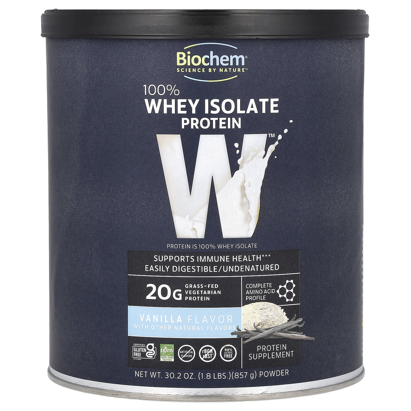 

Biochem, 100% whey protein isolate, vanilla flavor, 857g (30.2oz)
