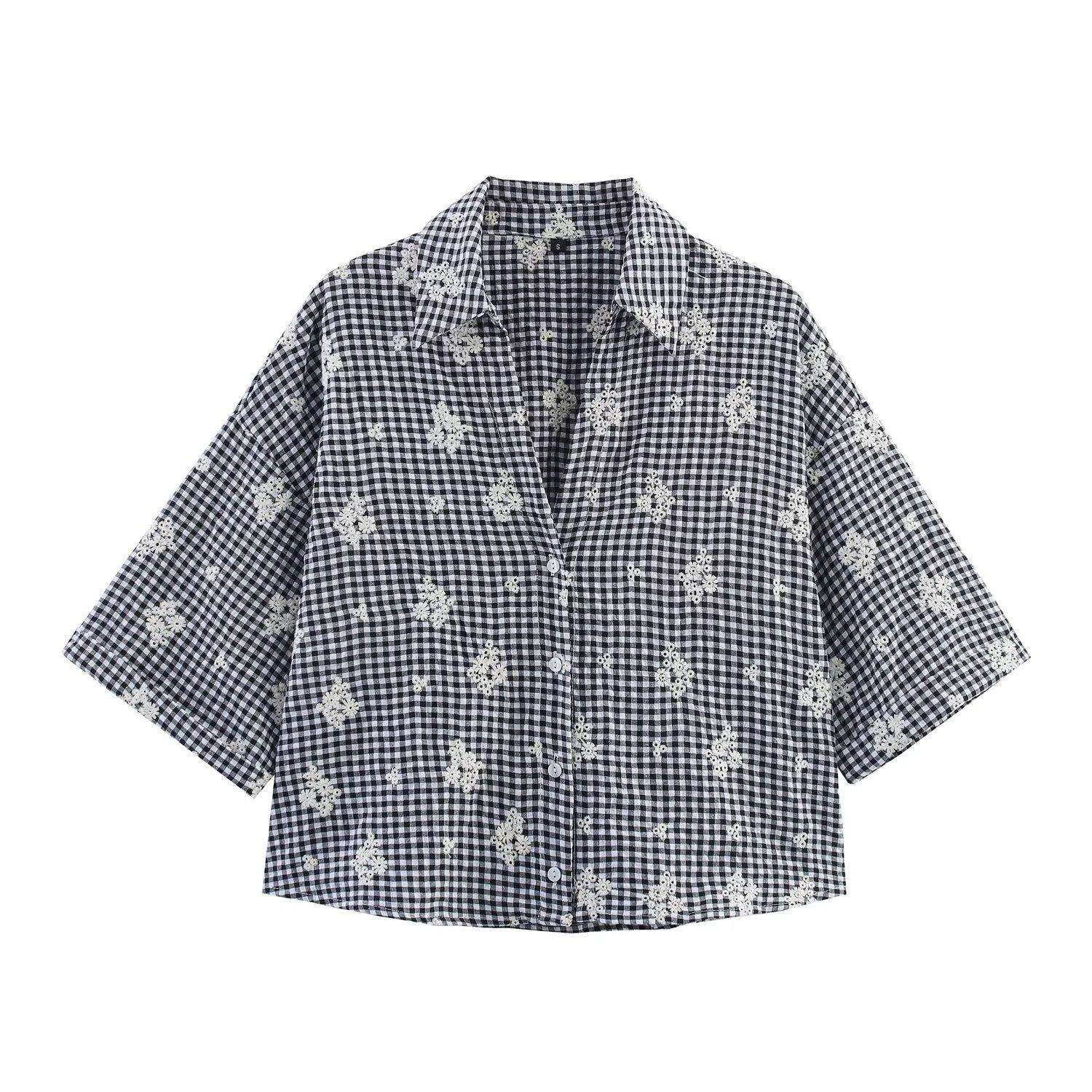 European and American style new women s fashionable embroidered plaid shirt and embroidered plaid wide-leg pants XS