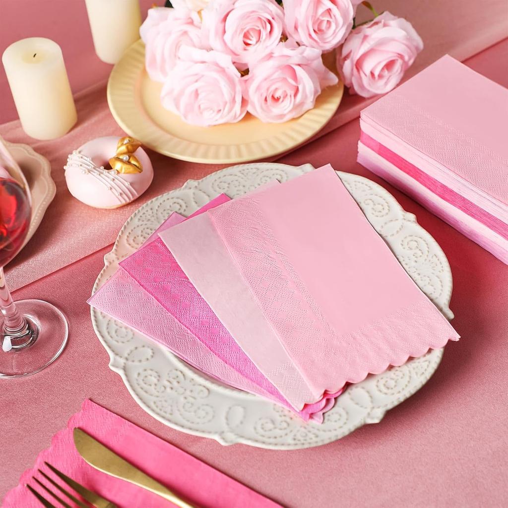 Cholemy 200 Pcs Scalloped Guest Napkin Pastel Colors Cocktail Disposable Hand Towels for Bathroom Guests Towel 2 Ply Paper Napkin for Baby Shower