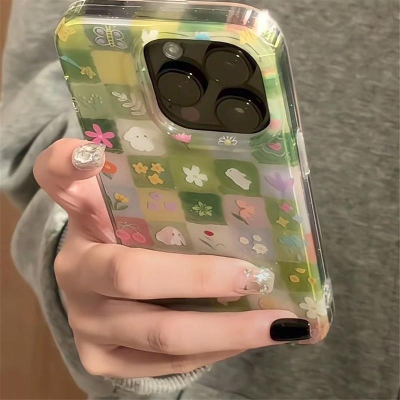 IND green grass grid pattern broken flower rabbit phone case with chain  for iPhone 11 12 13 14 15 16 17 Pro Max
