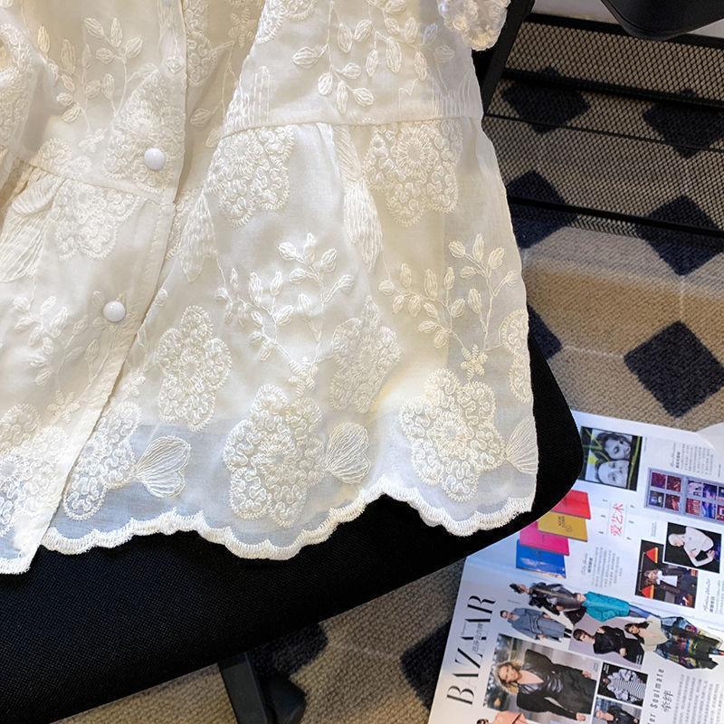 Embroidered Jacquard Craft Puff Sleeves French Design Sense V-neck Waist Fashion Loose Chiffon Short-sleeved Lace Shirt Women