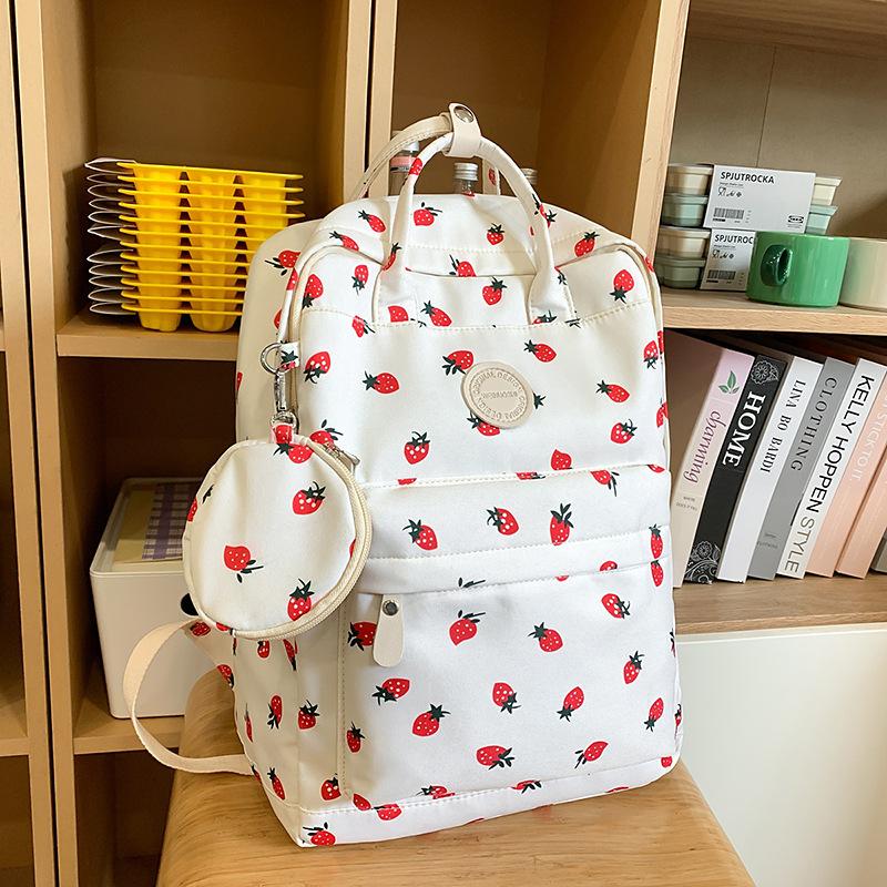 New backpack small backpack girls' elementary school junior high and high school student school bag nylon cute strawberry print backpack girl