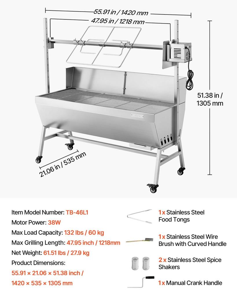 Parrilla Rotisserie, Asador de Cerdo y Cordero para Barbacoa Exterior de 38W, Asador de Carbón con Capacidad de 60 kg, Ruedas y 4 Niveles de Altura, Acero Inoxidable