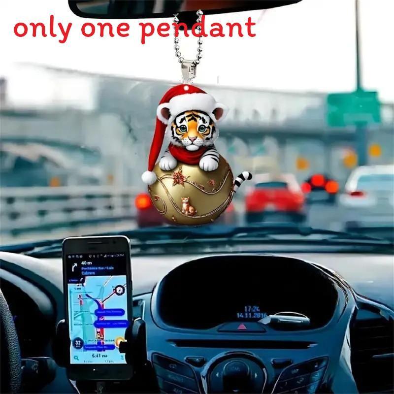 Acrylic Car Pendant With Adorable Tiger Wearing Christmas Hat Design Design For Vehicle Interior Decoration