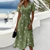 Women Midi Dress Short Sleeve V Neck Summer Casual A Line Waist Defined Floral Print Soft Lightweight Graphic Dress