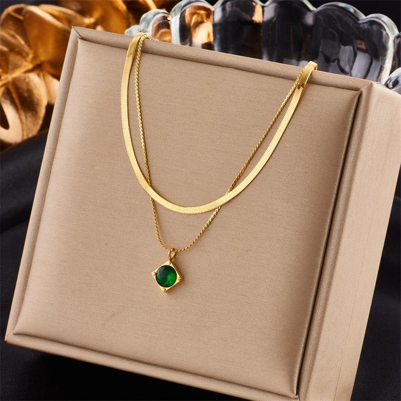 Gold Plated Double Layer Necklace with Herringbone Chain  Green Zircon Pendant, Vintage Emerald Charm Chain for Women