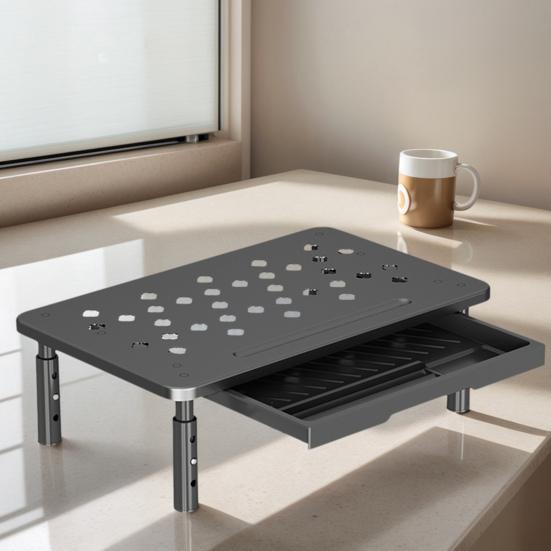 Computer Monitor Riser Cold-Rolled Steel Ventilated Monitor Stand with Drawer 3-Level Height Adjustment Laptop Stand for Home Office