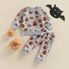 Baby Boys Girls Halloween Outfits Long Sleeve O Neck Pumpkin Print Tops + Gray Drawstring Pants