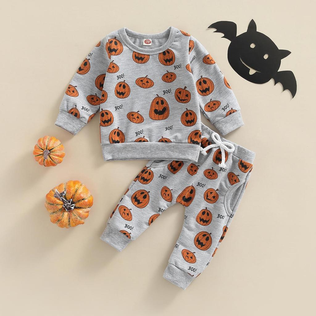 Baby Boys Girls Halloween Outfits Long Sleeve O Neck Pumpkin Print Tops + Gray Drawstring Pants