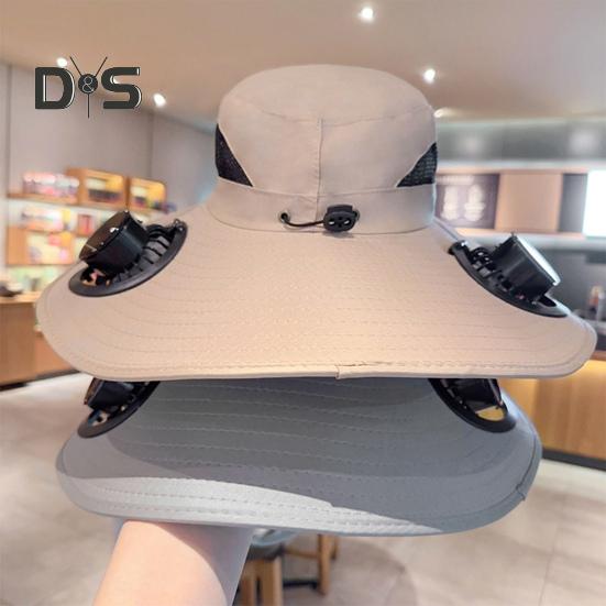 Fächerhut mit breiter Krempe für Damen und Herren, Fischerhut für draußen, mit solar-/USB-betriebenem Ventilator, verstellbarem Visier zum Wandern, Camping und Strand
