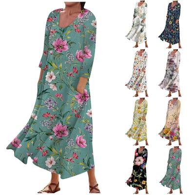 Women's Fashion Casual Print Round Neck 3/4 Sleeve Loose Pocket Dress