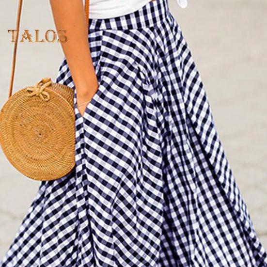 Jupe longue élastique taille haute pour femme, imprimé écossais, jupe trapèze avec poches, grand ourlet, jupe rétro, streetwear