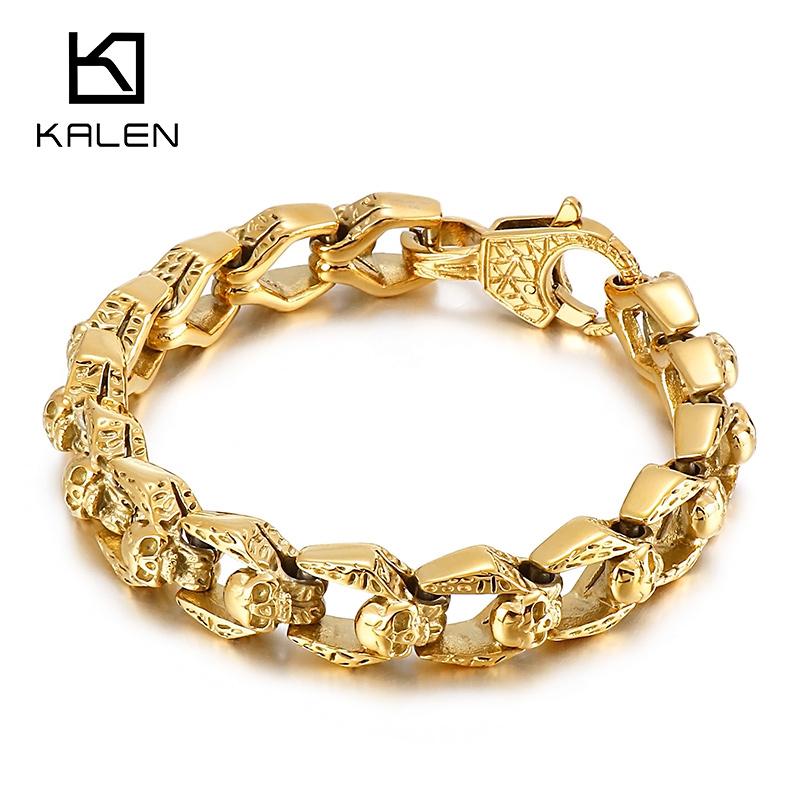 Kalen 13mm Gold/Black Color Skull Combination Bracelet Men's Chunky 316L Stainless Steel Jewelry Gothic Black Accessories Gift