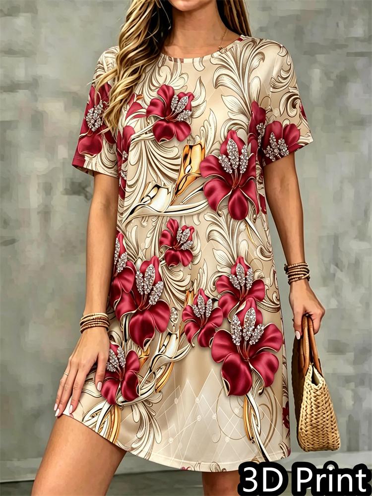 Fashion 3D Print Summer Dress Loose Casual Short Sleeve O-Neck Mini Dress