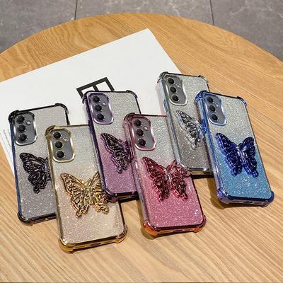 Plating Shockproof Butterfly Holder Phone Case For Samsung Galaxy A06 A16 A05 A05S A15 A25 A35 A55 A54 A53 5G Glitter Soft Cover