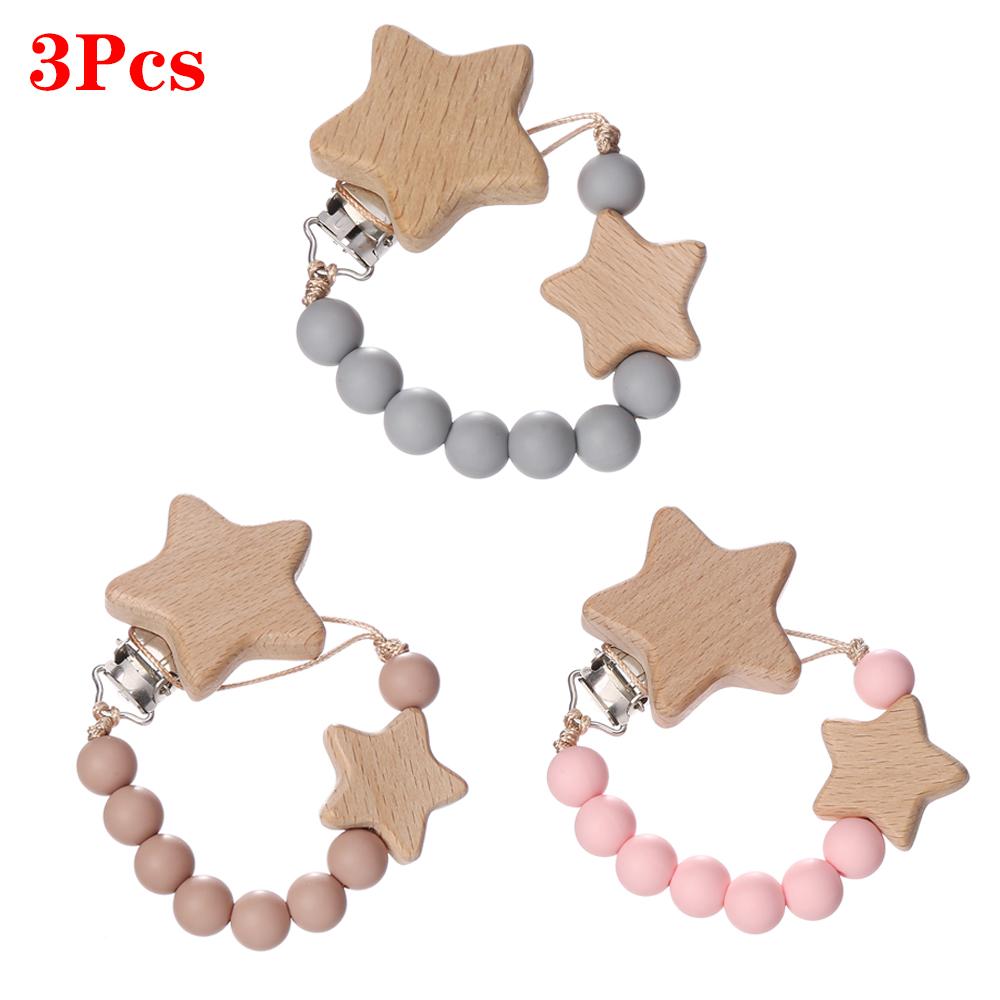 3Pcs Beech Wooden Star Pacifier Baby Pacifier Clip Nipple Holder Dummy Holder Pacifier Clip for Baby Nursing Toys Accessory