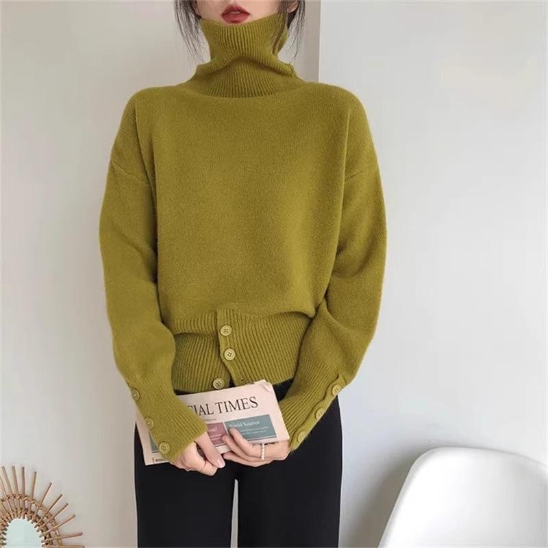 Retro High Neck Button Sweater: Women's Autumn/Winter Solid Color Knit with Slit