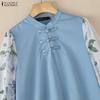 ZANZEA Damen Casual Stehkragen Print Patchwork 3/4 Ärmel Bluse