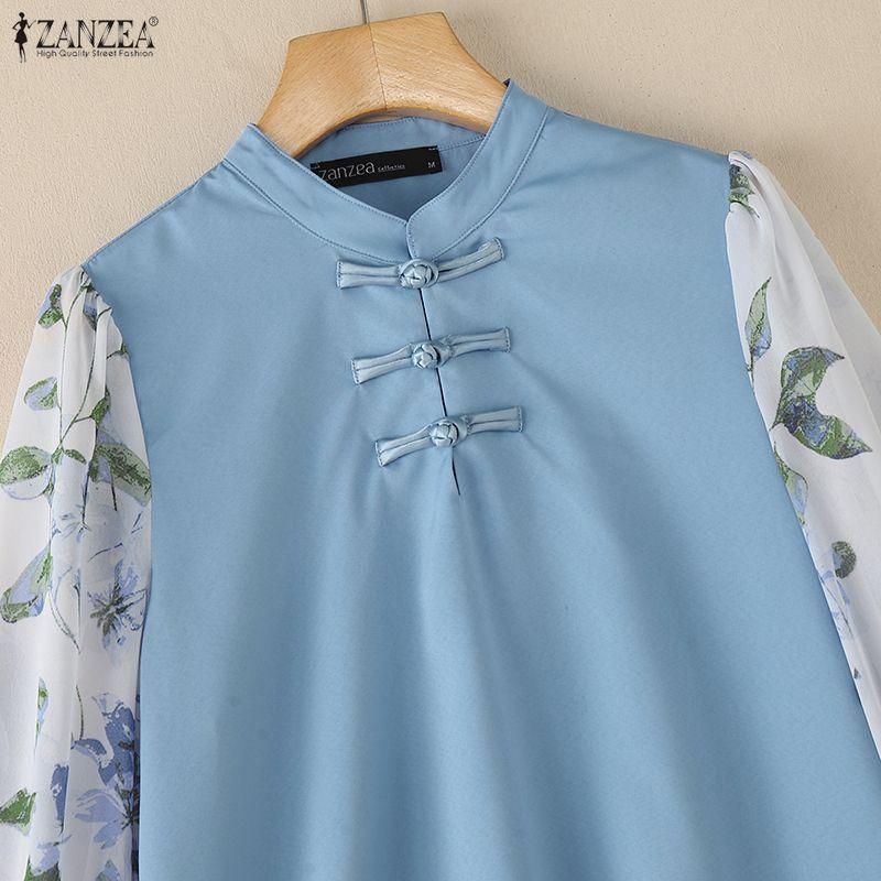 ZANZEA Damen Casual Stehkragen Print Patchwork 3/4 Ärmel Bluse