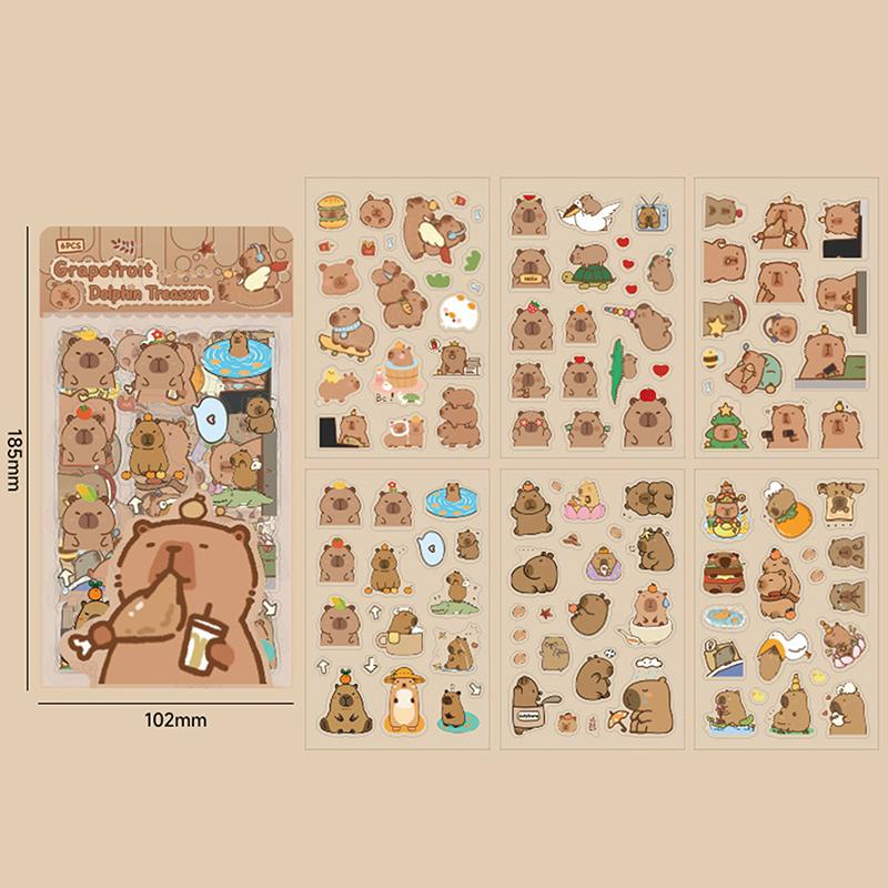 6Sheets/Pack Cute Cartoon Capybara Stickers Transparent Waterproof Stickers School Supplies Diary Decoration Stickers Stationery