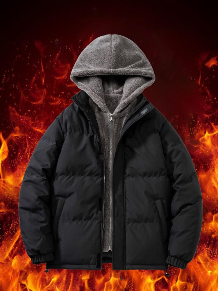 Fake Two Pieces of Cotton Clothing Men's Winter Loose Thickened Warm Rocker Velvet Cotton Jacket Hooded Cotton Jacket Fashion Casual Jacket