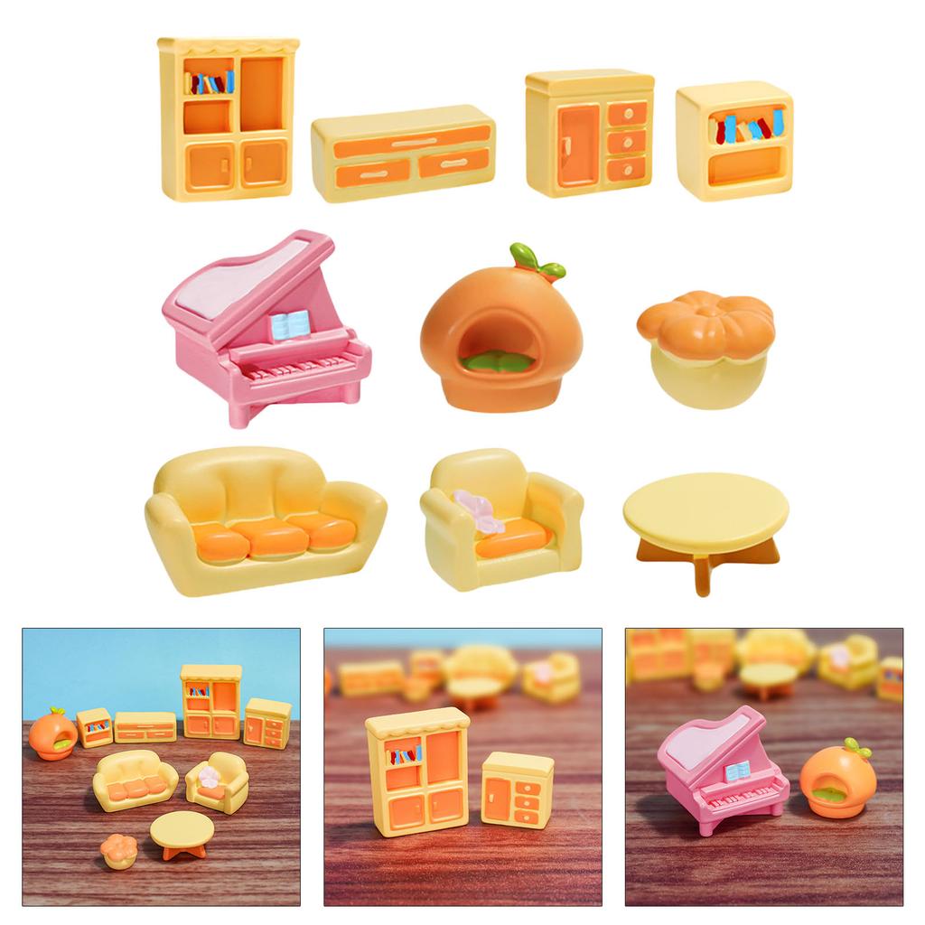 Cute Landscape Sofa Table Cabinet Miniatures Figurines Set 10Pieces Resins Ornaments for DIY Dollhouses and Home Decors